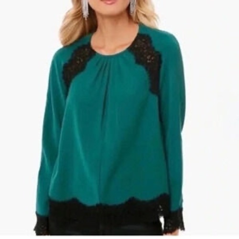 Tuckernuck Vail Blouse Women XL Green Black Scalloped Lace Preppy Evening Office